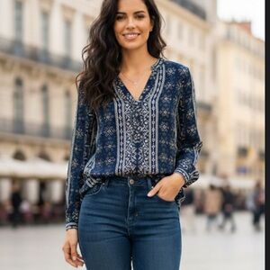 Nine West Blue Geometric Pattern Long Sleeve Tunic Blouse XL